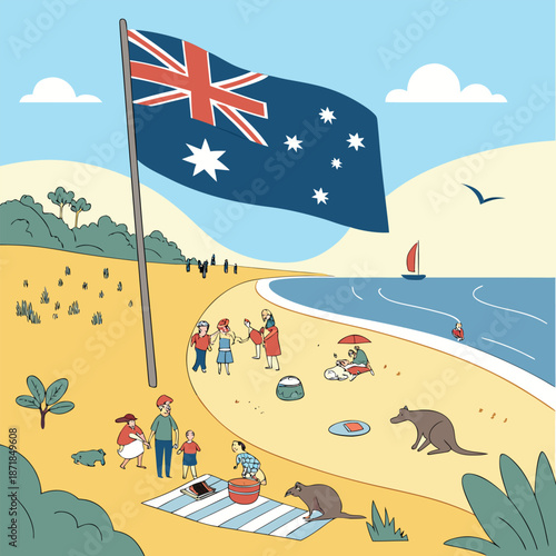 Australian beach scene with people enjoying picnic and flag