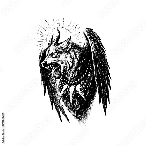 Winged Wolf with Halo Gothic Illustration