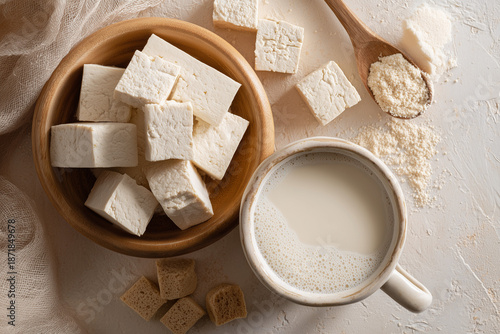 Glass of soy milk with tofu placed on wooden table with scattered soybeans and soft natural light. Warm still life scene highlighting plant based nutrition, simplicity, and wholesome lifestyle.
