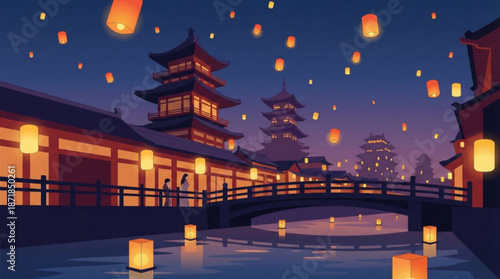 Landscape vector illustration : traditional chinese pagoda, river, night sky - Chinese New Year festive, Lunar celebration, spring, Asian lantern festival, Beijing China travel, tourism