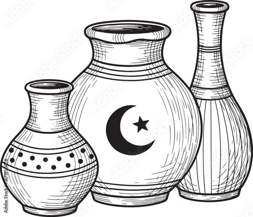 Traditional ceramic vases with crescent moon and star design Vector