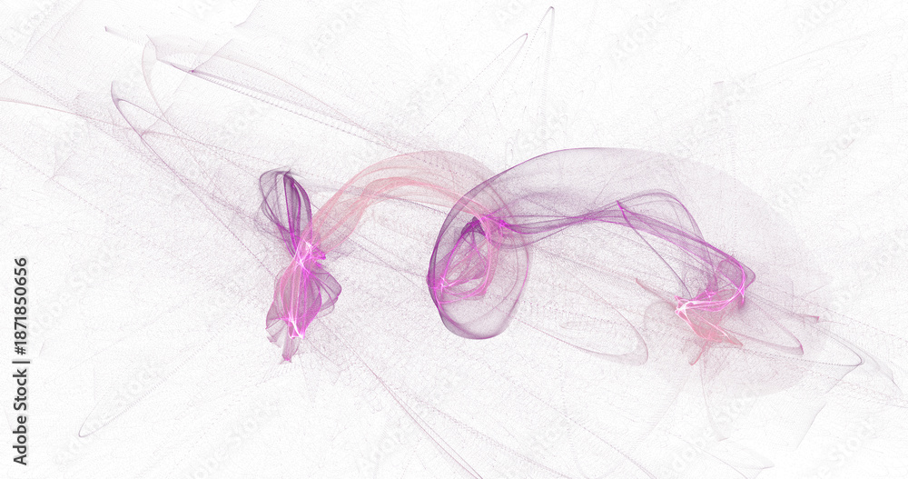 Obraz premium Looping pink and lavender smoke ribbons forming gentle arcs on white canvas, dreamy abstract motion composition with subtle star-like bursts, stylish high resolution PNG for beauty, branding and cover