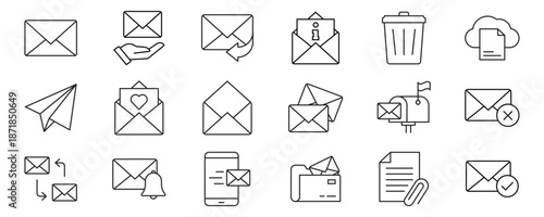 Email Web Icon Set in Line Style. Collection of E-mail and Letter Linear Icons, Including mail, envelope, email, postal, letter sent, inbox, new mail, reply and forward mail and more. Editable Stroke