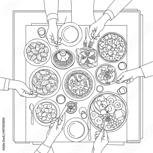 Community meal with diverse dishes Vector