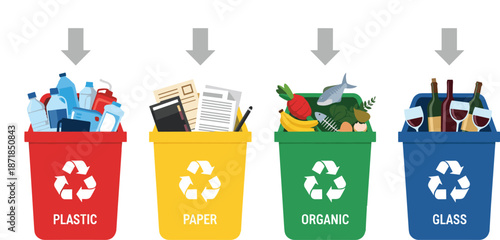 Waste recycling bin set with plastic, paper, organic, and glass containers, colorful trash cans with sorting icons for environmental sustainability and ecology (22 words)