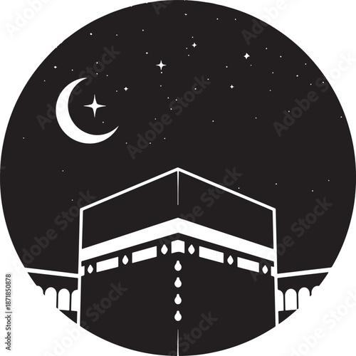 Minimalist night scene of the kaaba with crescent moon Vector