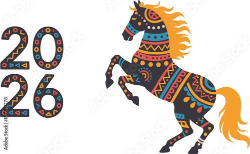 2026 year of the horse illustration, Chinese zodiac symbol, decorative patterned horse design, lunar new year celebration, flat vector artwork