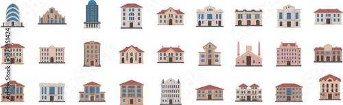 City architecture building icons collection, residential and commercial houses, urban landmarks variety, modern classic facades, flat vector illustration set
