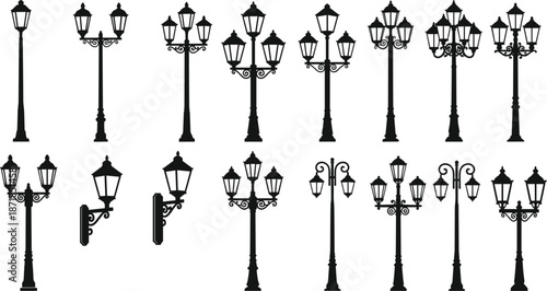 Assortment of black silhouette street lamps and lampposts Keywords: street, lamp, light, lamppost, lighting, fixture, outdoor