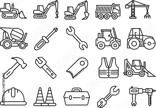 Construction equipment and tools icons set, heavy machinery vehicles, industrial building symbols, repair safety elements, outline style vector illustration