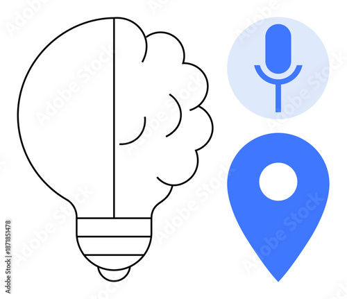 Creativity, innovation, smart technology, location services, voice recognition, idea generation. Split lightbulb with brain, microphone symbol and location pin icon. Creativity and innovation