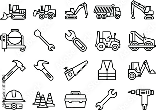 Construction equipment and tools icons set, industrial machinery symbols, building repair safety elements, outline style vector illustration collection