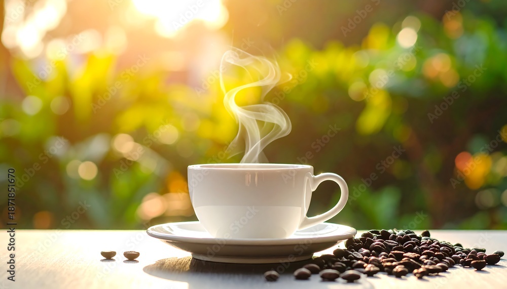 Obraz premium Morning Coffee Bliss - Aromatic Steam and Golden Sunlight.