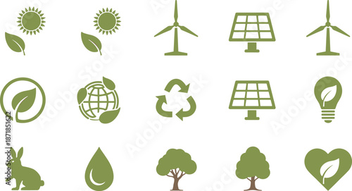 Eco friendly energy icons set, renewable sustainability symbols, green nature elements, solar wind power, recycling concept, flat vector illustration