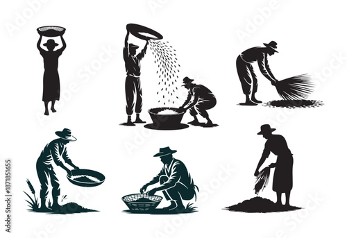 Farmers Harvesting Grain Silhouette Vector Set, Rural Agriculture Farming Illustration.