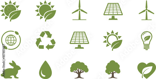 Eco friendly green energy icons set, renewable sustainability symbols, solar wind power elements, nature conservation, flat vector illustration