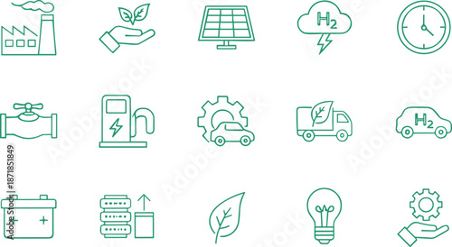 Green hydrogen energy line icons set, renewable power, clean technology symbols, sustainable industry, eco fuel, modern outline illustration