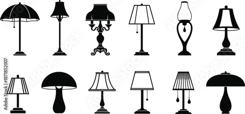 Assortment of black silhouette table and floor lamps on white background Keywords: silhouette, lamp, lighting, light, interior