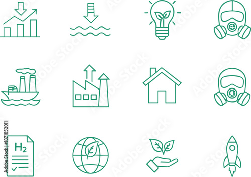 Green hydrogen sustainability line icons, clean energy industry symbols, eco technology, emissions reduction, renewable power, environmental protection outline set