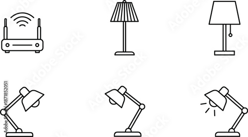 Home lighting icons set, table floor desk lamps and wifi router, modern interior furniture symbols, minimal outline vector illustration