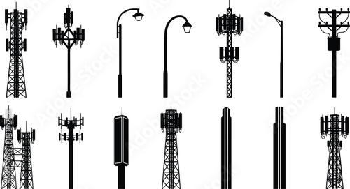 Collection of black silhouettes of telecommunication towers and street lights Keywords: silhouette, telecommunication tower, cell
