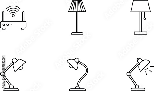 Home lighting and smart device icons set, table floor desk lamps and wifi router, modern interior outline vector illustration