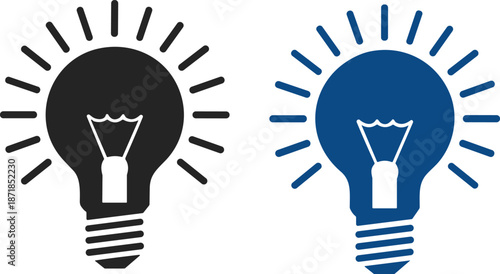 Light bulb idea icon illustration, black and blue symbols of creativity innovation, business inspiration concept, flat vector design