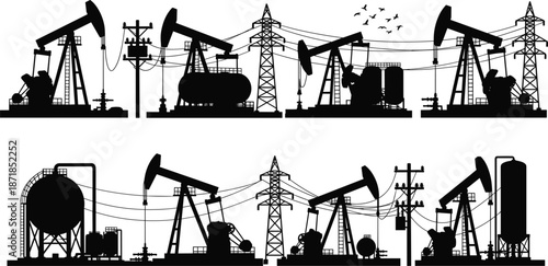 Collection of oil pumpjacks and power lines in silhouette against white background Keywords: oil, pumpjack, industry, energy