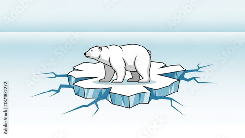 Polar Bear Standing on Melting Iceberg in Arctic Ocean, Climate Change Illustration
