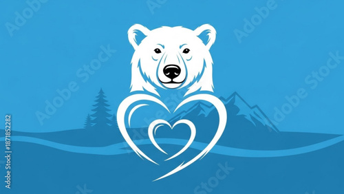 Polar Bear with Heart Shape on Blue Background
