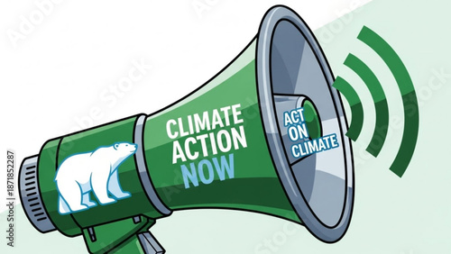 Green Megaphone with Climate Action Now Text, Symbolizing Environmental Awareness and Activism