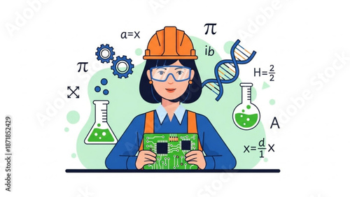 Female Scientist Holding Circuit Board Surrounded by Science Symbols and Equations on Green Background