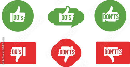 Set of dos and don'ts icons with thumbs up and thumbs down symbols, green and red guidance buttons for rules, advice, tips, isolated.