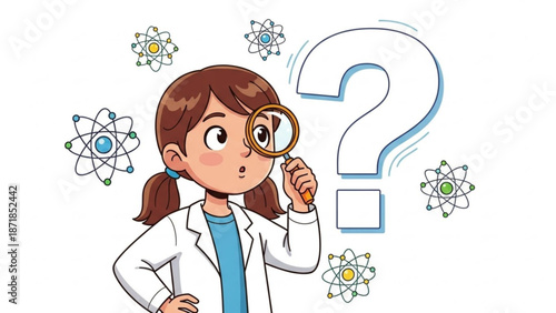 Curious Female Scientist Examining Atom Structure with Magnifying Glass Isolated on White Background