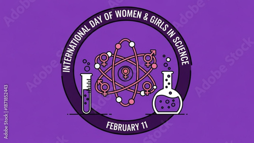 International Day of Women and Girls in Science Poster with Atom Molecule and Laboratory Equipment