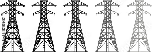 Five Silhouette Power Transmission Towers in Varying Shades of Gray and Black Keywords: power tower, electricity pylon