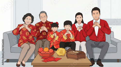 Vector illustration : happy multi-generational Asian family, making traditional fist and palm salutes, hand greeting - Chinese New Year Lunar celebration, reunion, gathering, togetherness, luck