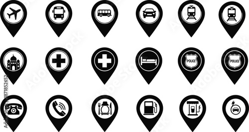 Map, pins, collection, with, travel, and, city, icons, for, navigation, logistics, transport, hospital, police, restaurant, hotel, fuel, station, and, automotive, service, symbols.