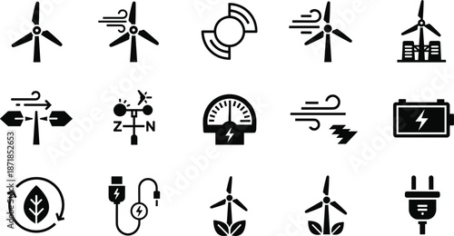 Icons representing wind energy and electricity generation and storage Keywords: wind, energy, turbine, power, electricity