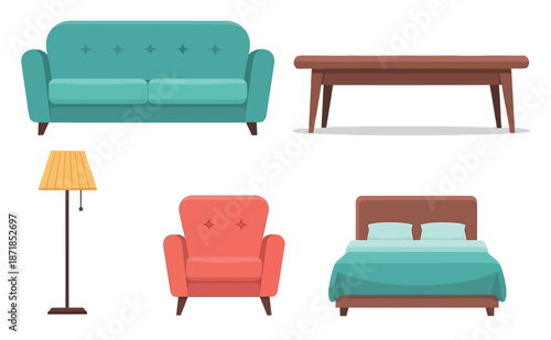 Flat Design Living Room Furniture Vector Illustration, Modern Minimalist Interior with Sofa, Coffee Table, Lamp, Shelf and Home Decor Elements, Clean Simple Style for Web, App, UI, Presentation, and I