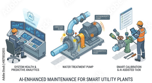 AI-Enhanced Water Plant Maintenance, Isometric Illustration