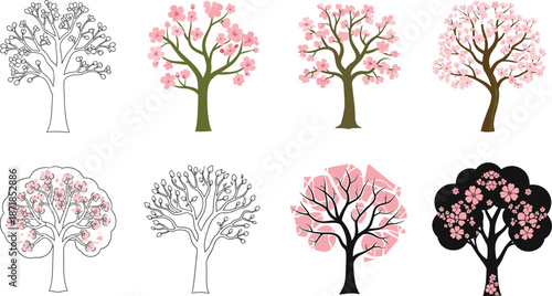 Cherry blossom tree illustration set, stylized sakura graphics, spring floral art, Japanese nature clipart, vector botanical design elements
