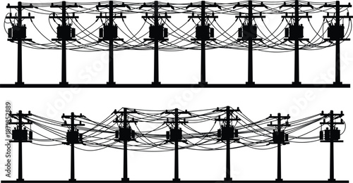 Overhead Power Lines and Transformers Silhouettes on Utility Poles Keywords: power lines, utility poles, electrical transformers