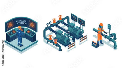 Isometric Industrial Safety Lifecycle Illustration: Prevention, Response, and Facility Module