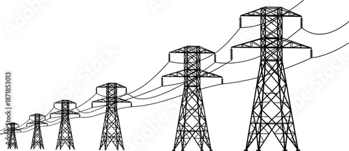 Row of electricity pylons with power lines against white background tower transmission tower