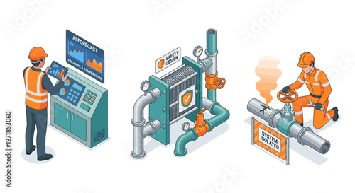Isometric Industrial Safety: Engineer Inspects AI Forecast, System Repair