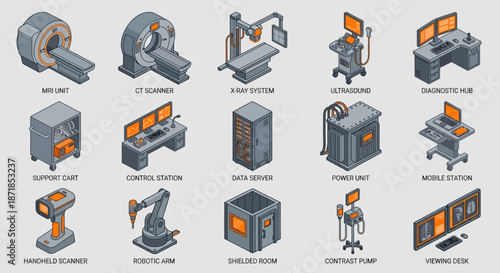 Isometric Medical Imaging and Diagnostic Equipment Icon Set, 3D Vector Graphics for Healthcare Technology, Hospital Infrastructure, and Industrial Automation in Modern Gray and Orange Style