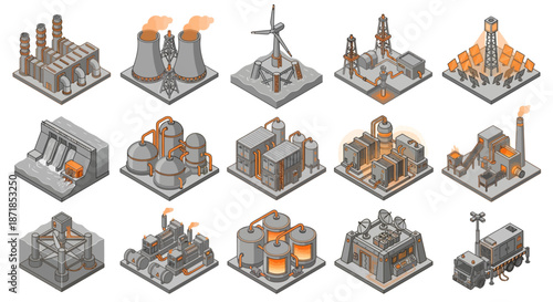 Isometric industrial energy infrastructure icons set featuring renewable and fossil fuel power plants, factories, and utility facilities for sustainable development and smart city planning.