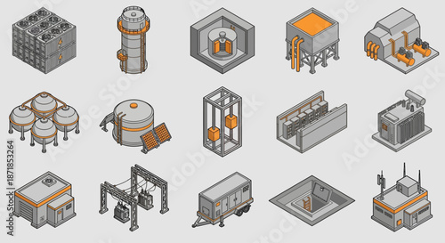 Isometric Industrial Energy Infrastructure Icon Set with Power Transformers, Solar Panels, Storage Tanks, and Generators for Smart City Utility Management and Engineering Presentations