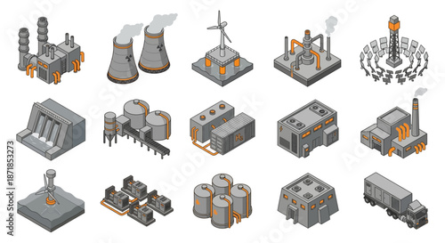 Isometric Industrial Energy Infrastructure Icon Set for Power Generation, Featuring Nuclear, Solar, Wind, and Hydroelectric Plants with Modern Grey and Orange Styling for Business Graphics